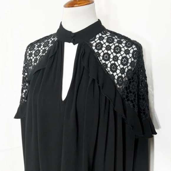 SOLD-Free People Ruffled Crochet Lace Black Draped Relaxed Long Sleeve Top - Picture 3 of 13